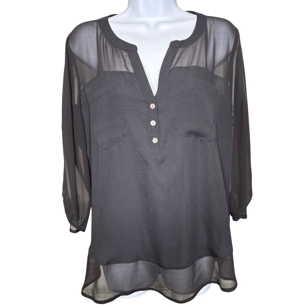 Express Womens Black Sheer Mesh Panel Henley Blouse Sz L Corporate Goth Academia